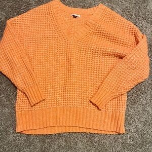 American Eagle Outfitters Orange V-Neck Sweater with Waffle Knit and Relaxed Fit